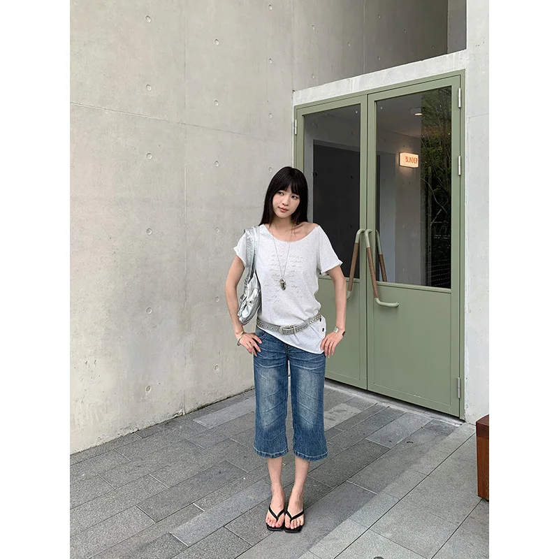 Benuynffy American Retro Low Waist Jeans Women 2026 Summer New Korean Fashion Street Casual Slim All Match Denim Capri Pants