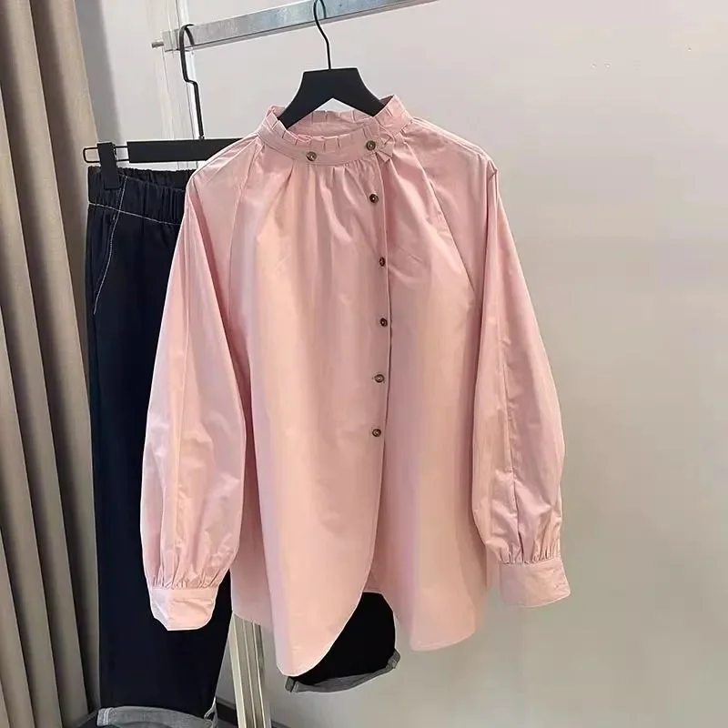 

Woman Blouses Women's Shirt High-grade Sweet Wooden Stand-up Collar Shirt Female Loose Design Sleeve Long-sleeved Shirt Tide