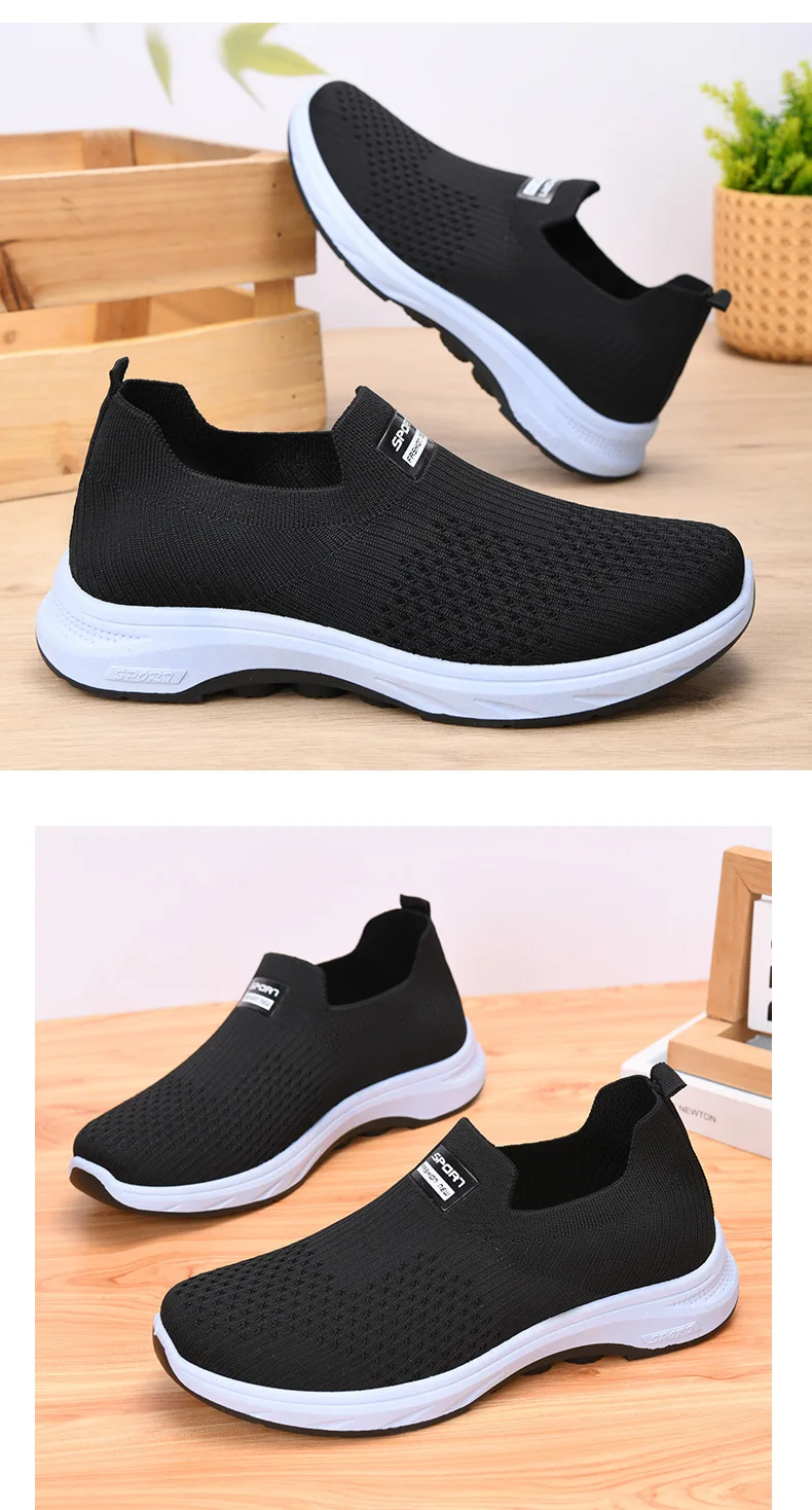 Herren-Strick-Slipper, atmungsaktives, fliegendes Gewebe-Obermaterial, dicke, rutschfeste Sohle, bequeme Freizeitschuhe zum Gehen – Detail 19