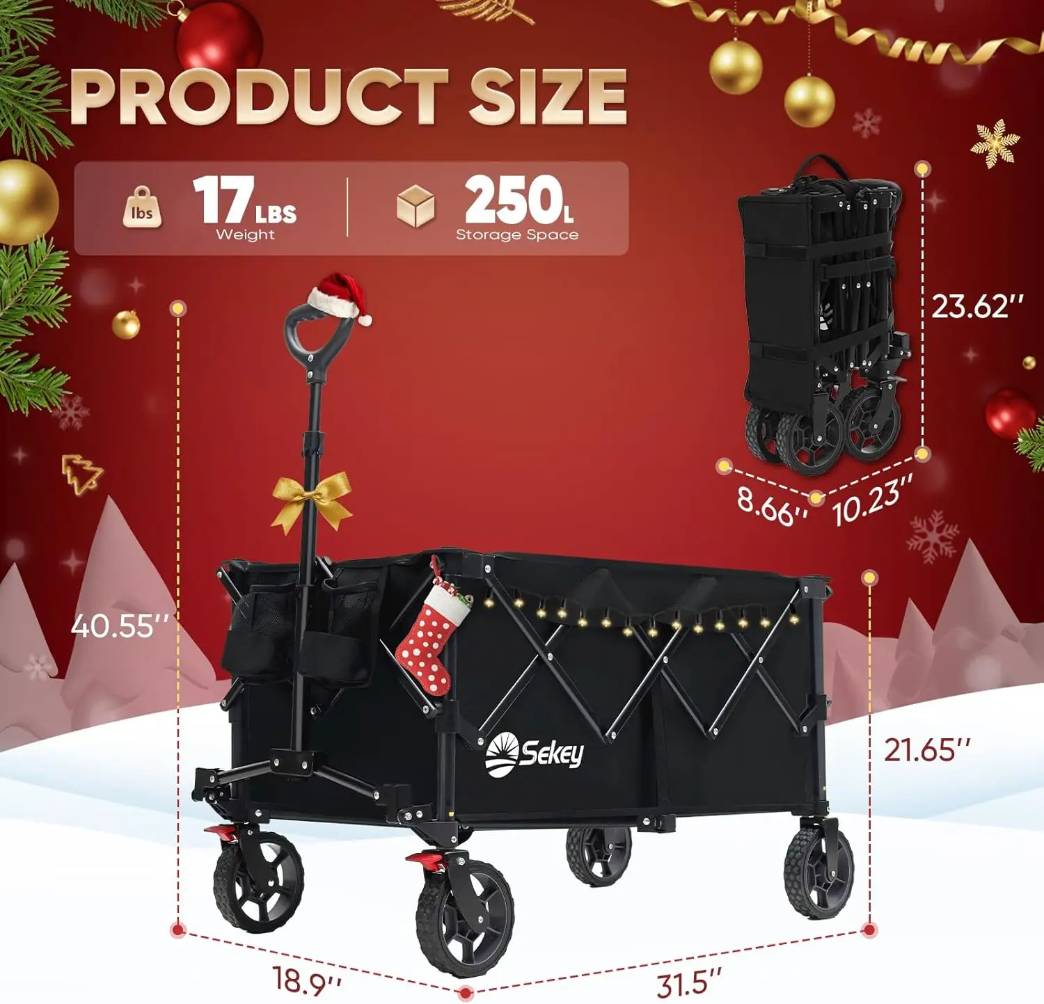 Opvouwbare opvouwbare wagenwagen met een capaciteit van 330 lbs, terreinwielen en bekerhouders in zwart