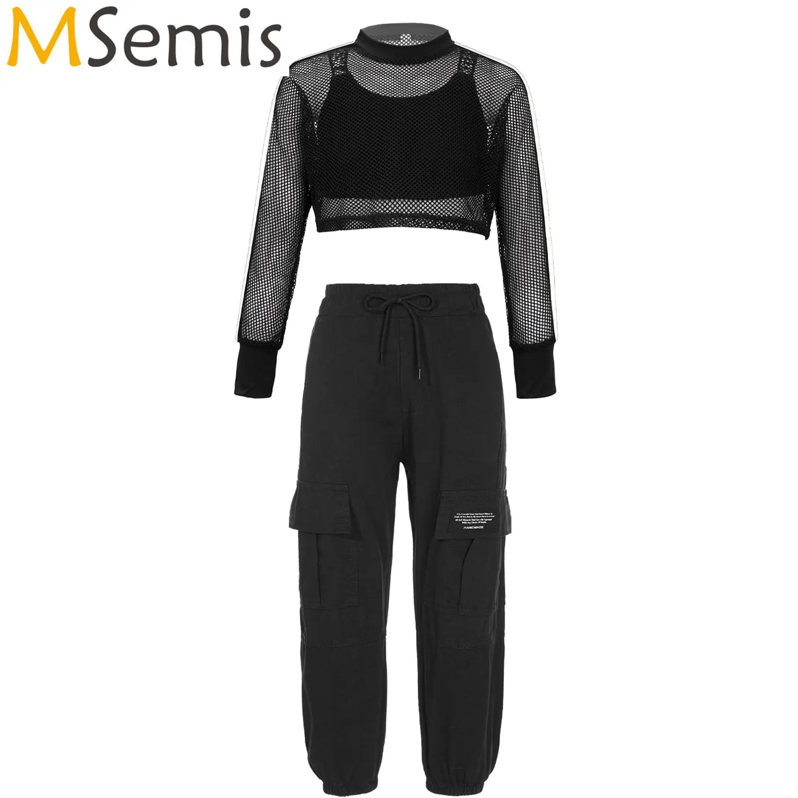 3Pcs Kids Girls Dance Costume Set Hip-Hop Street Dancing Outfit Vest Mesh Long Sleeve Crop Top Cargo Pants Set for Performance