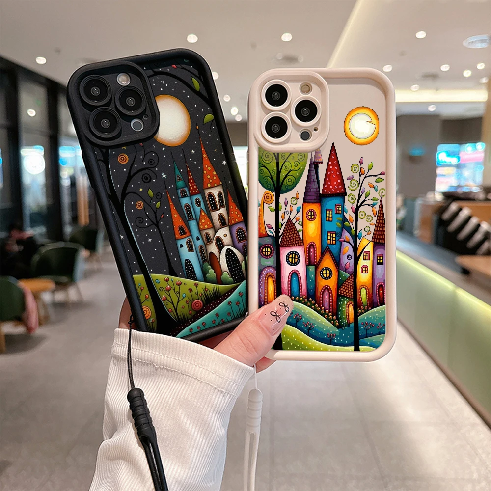 Hand Painted Forest House Illustration Phone Case for IPhone 15 14 13 12 11 Pro Max  8 Plus Soft TPU Back Cover With Hand Strap