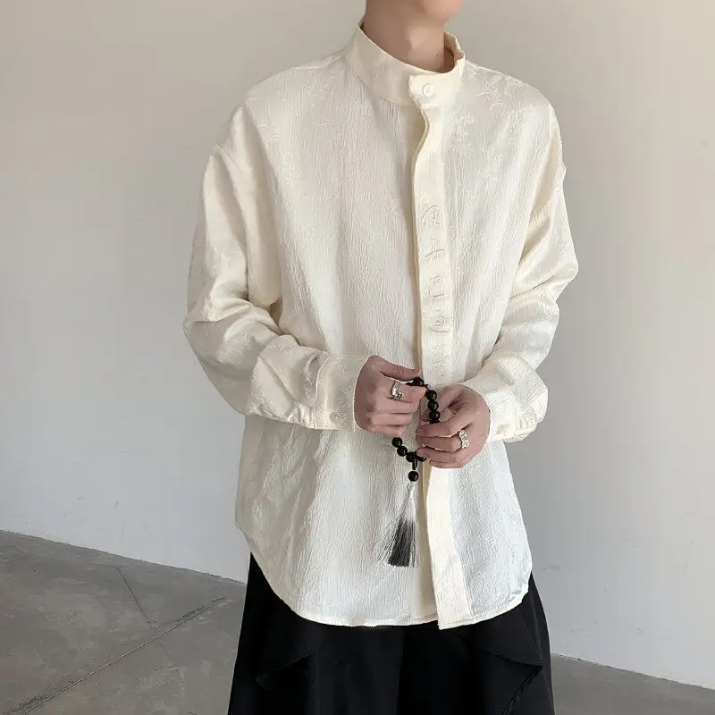 

Spring New Chinese Style Long Sleeve Embroidered Shirt Men's Stand Collar Large Size Ethnic Retro Style Monastic Clothing