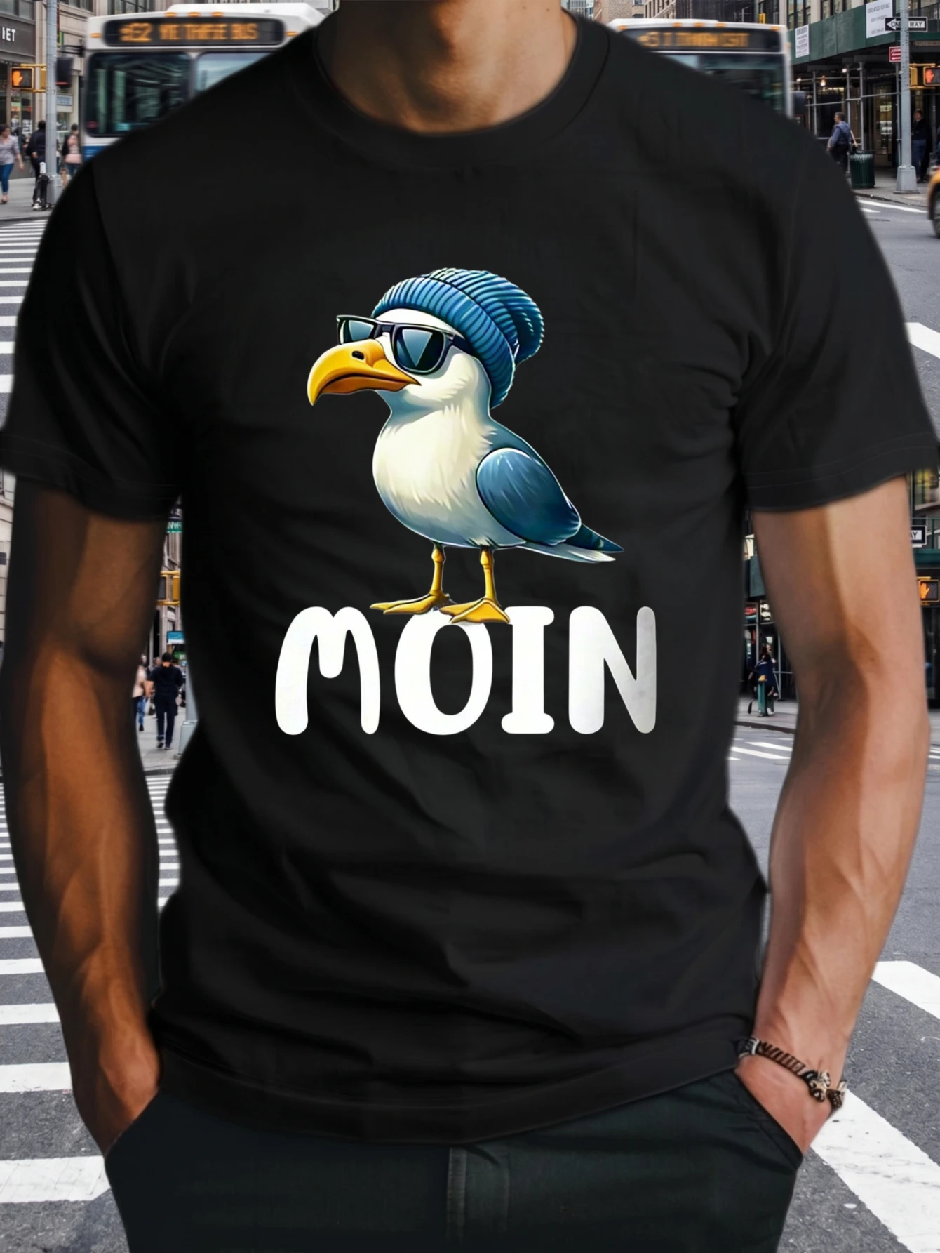 1 Stück 100% Baumwolle Unisex T-Shirt mit Aufdruck einer coolen Möwenvogel mit blauer Mütze und Sonnenbrille sowie dem Text „Moin“, O-Ausschnitt, kurze Ärmel, Übergröße, bequeme Freizeitkleidung,