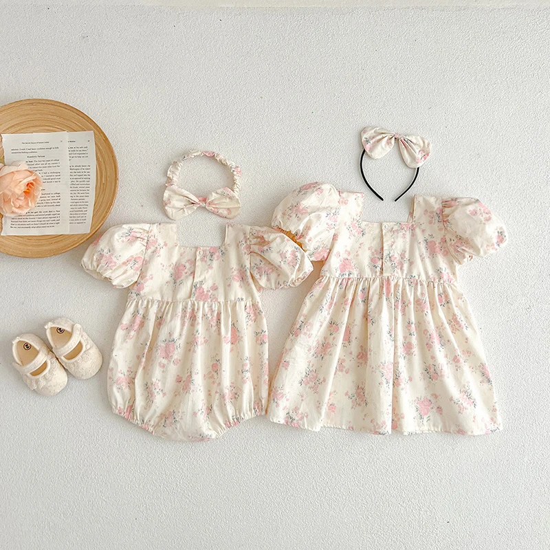 Princes Toddler Baby Girls Printed Romper Summer Kids Girls Short Sleeves Dress Summer Baby Girls Floral Big Bow Sister Clothes