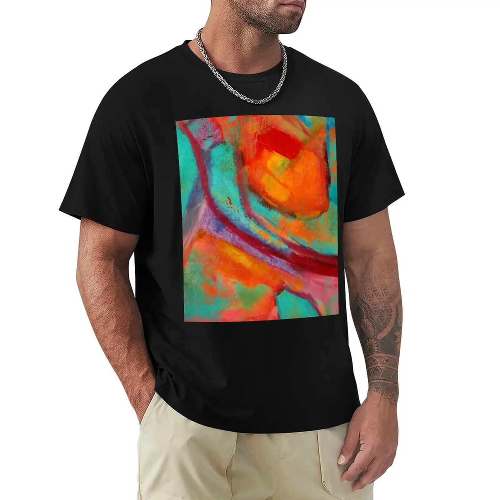 

Bold Aqua and Orange Color Abstract Painting T-Shirt custom shirt vintage clothes Short sleeve tee Men's clothing