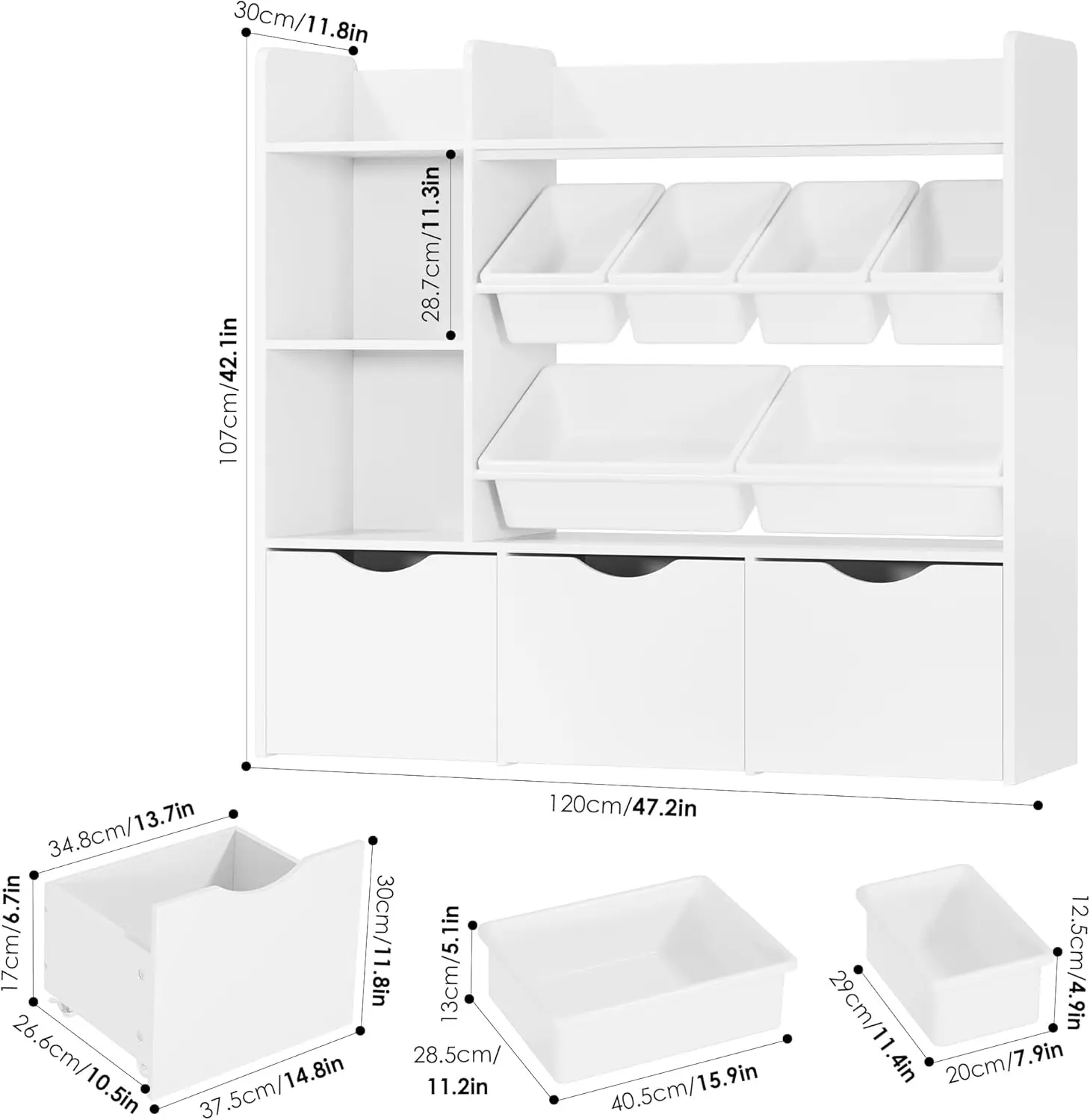 Storage Organizer with 3 Movable Drawers, Bookshelf and Bookcase with 6 Plastic Bins & 2 Storage Cubbies, Toy Chest with Hid