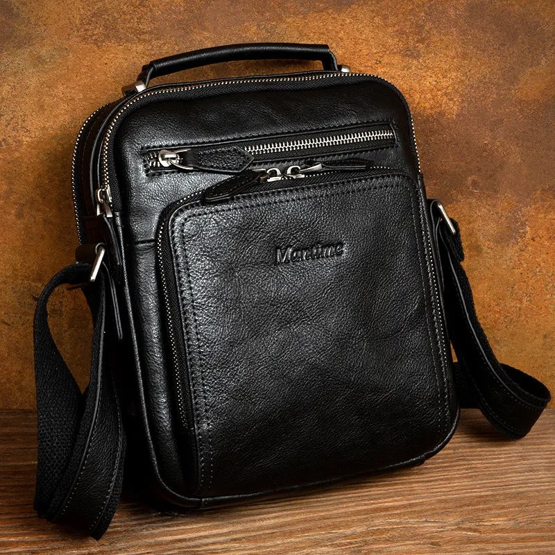 Pure Hand-rubbed Top-grain Leather Vertical Shoulder Bag for Men, Casual Genuine Leather Crossbody Bag Retro Trendy Style