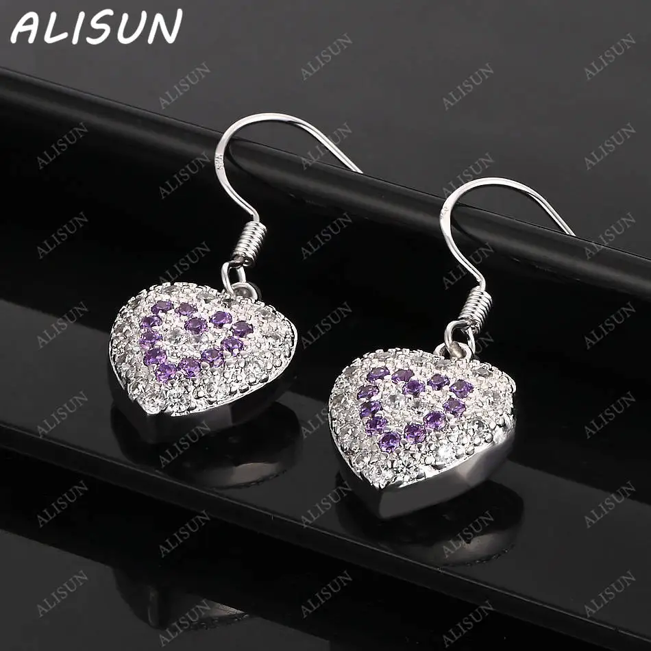 

ALISUN 925 Sterling Silver Purple Zircons Hearts Drop Earrings For Women Charm Trend Birthday Gifts Fashion Party Fine Jewelry