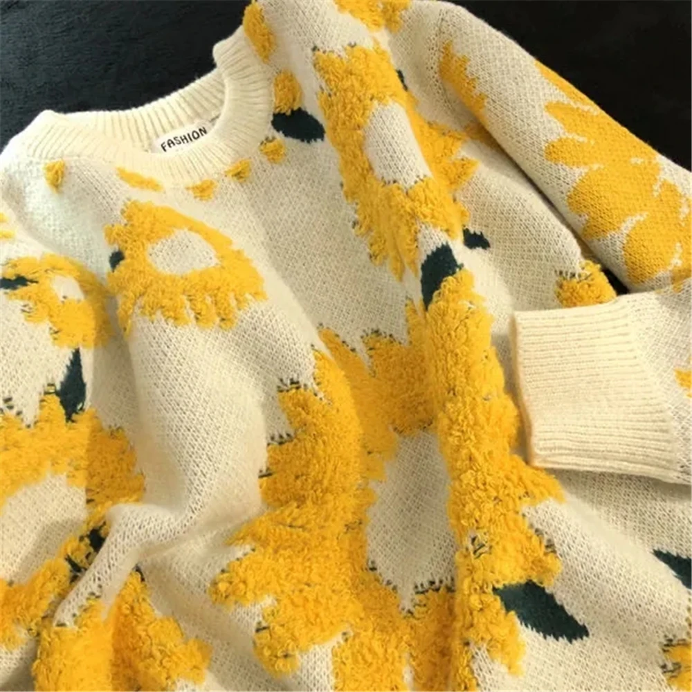 Autunno giapponese retrò girasole floccaggio pigro vento maglione uomini e donne hip-hop coppia maglione marea