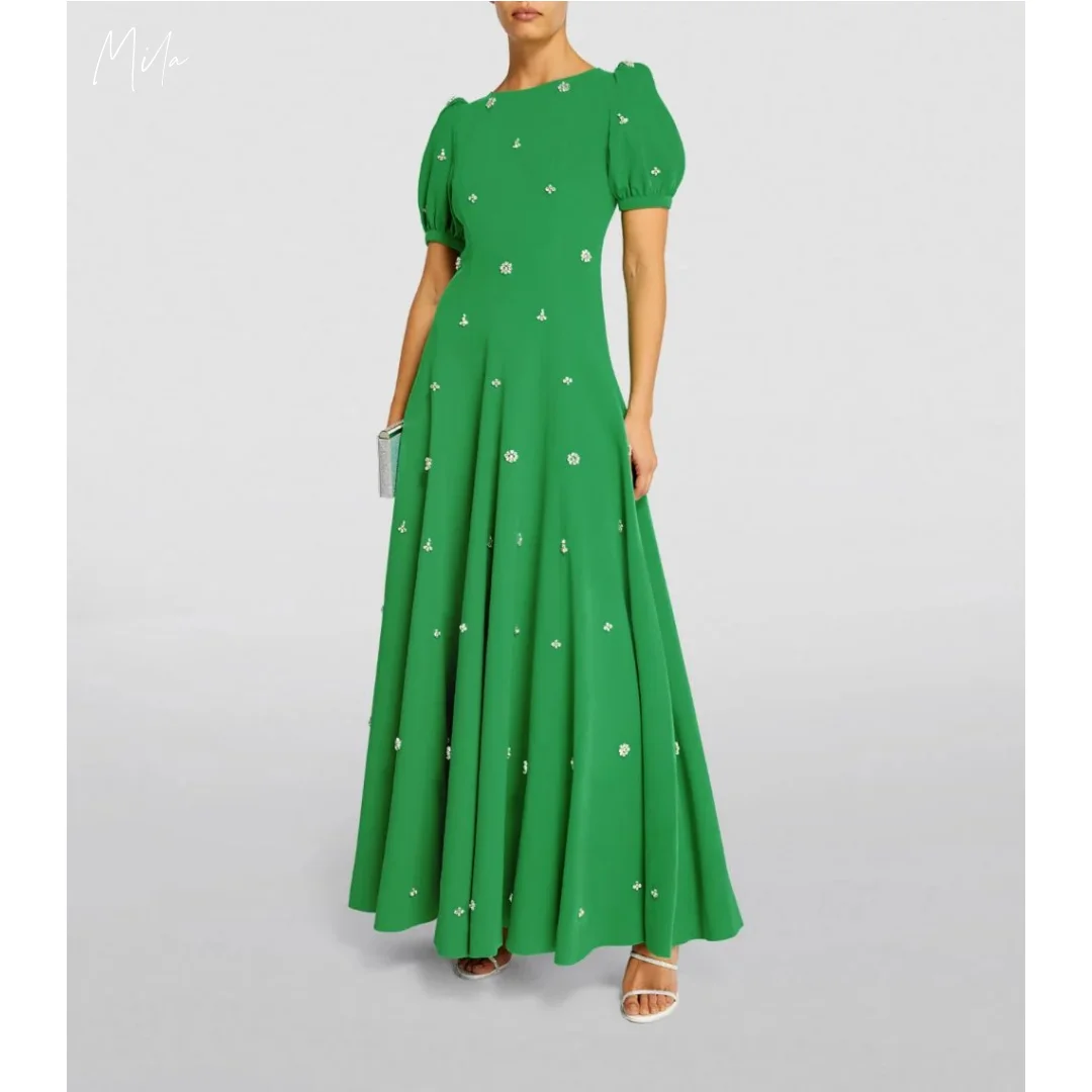 ミラグリーン バックレス プロムドレス 半袖 Aライン デカール カスタマイズ フォーマル イブニング フロアレングス Oネック ベスティドス デ ガラ 2025