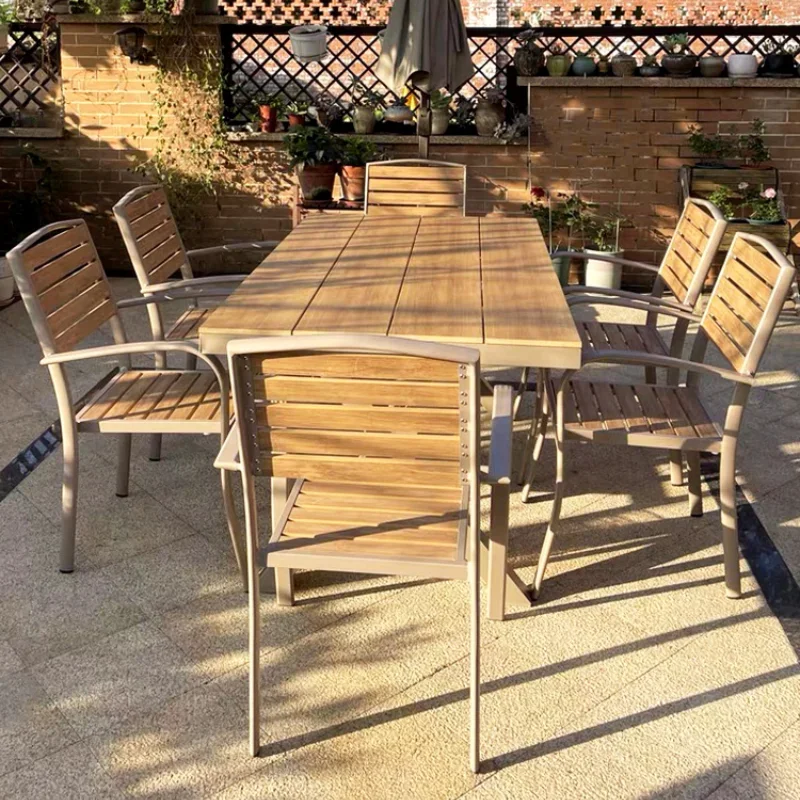 Mesas largas de madera antisépticas de ocio para jardín al aire libre, juego de muebles de plástico, protector solar, impermeable, Comercial