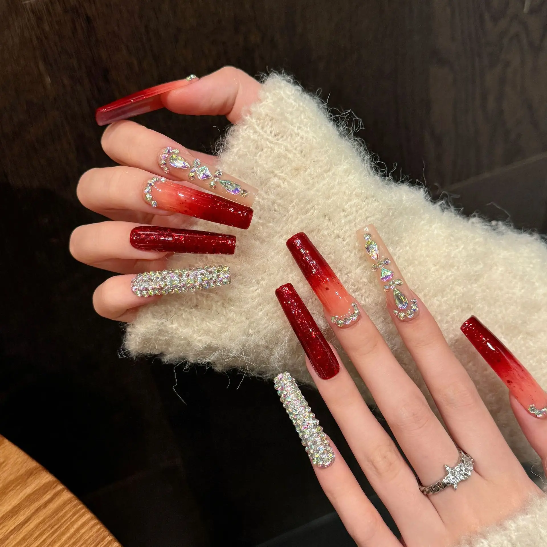 Handmade Press on Nails Heavy Metal Full Rhinestone Shiny Red Fake Nails Full Cover Wearable European Extra Long False Nail Tips