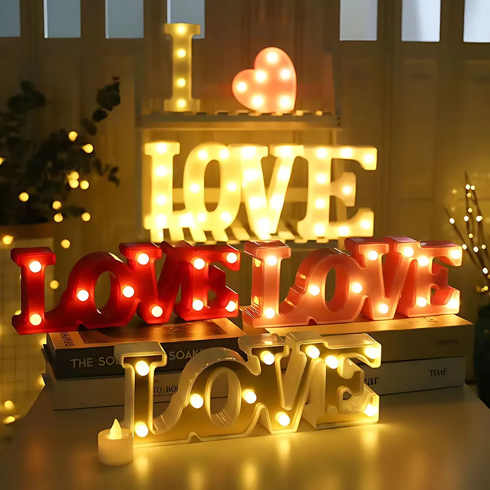 San Valentino AMORE Luci di segnalazione a LED Luci da lettera romantiche Decorazione desktop per la casa Puntelli per atmosfera di nozze Decorazioni per feste