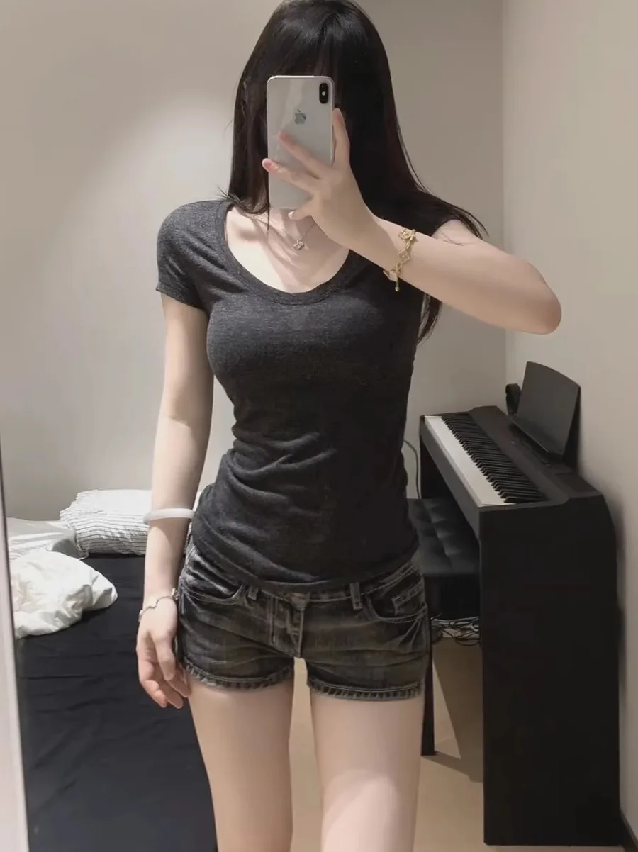 

Американские джинсовые брюки с низкой талией Spicy Girl, женские весенние дизайнерские эластичные облегающие облегающие шорты из хлопка, эластичный джинсовый материал