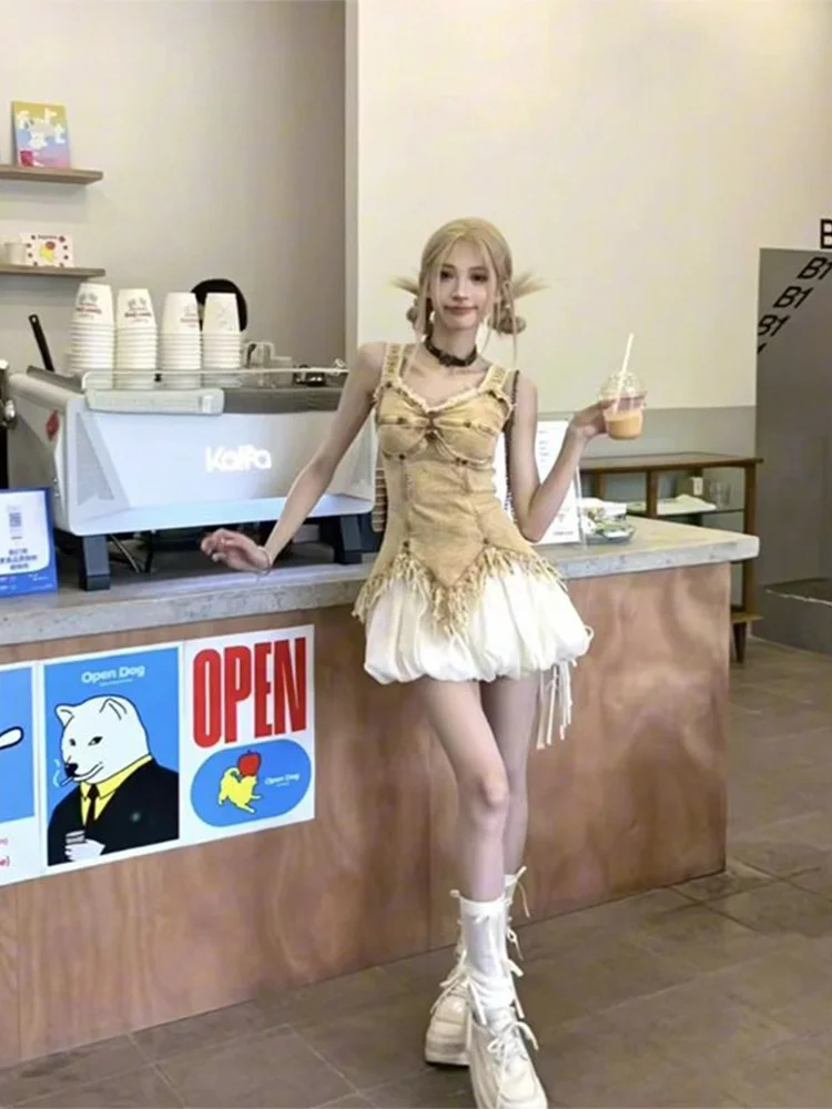 Spicy Girl Plissee Blütenknospenrock Damen Sommer Retro ausgefranstes Denim Tube Top Puffy Ort Rock Set Faionable Zweiteiler...