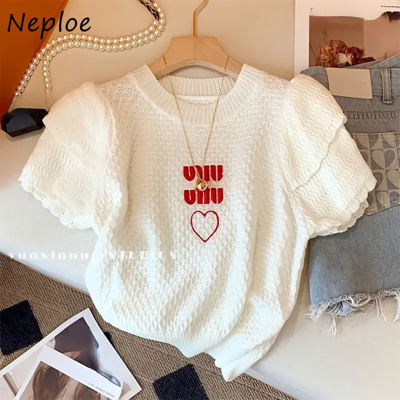 

Neploe French Elegant Gentle Sweet White Short Knit T-Shirt Femme Puff Sleeve O-Neck Tops 2025 Summer New Letter Embroidery Tees