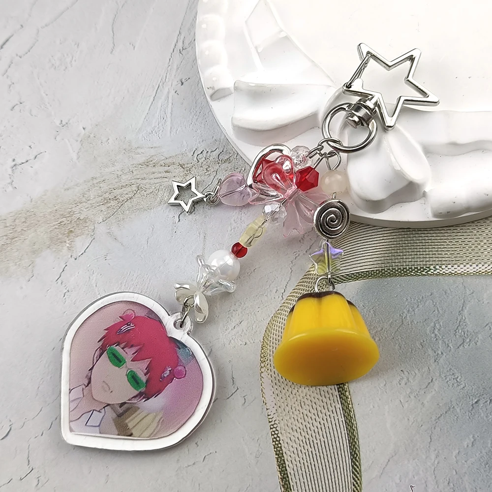 The Disastrous Life of Saiki K Keychain Cute Acrylic Heart Pendant With Pudding Beads Kawaii Bag Charm For Backpack Handbag Anim