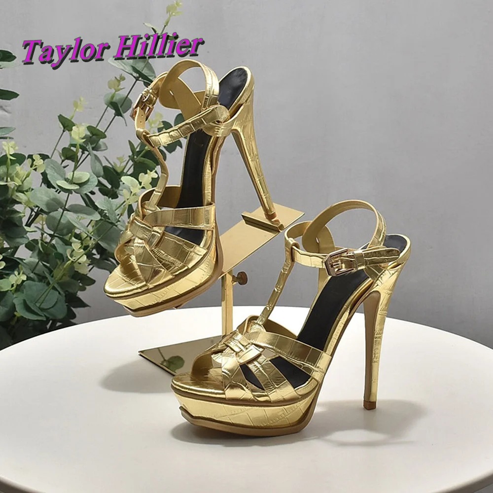 Shiny Silver Platform Women Sandals Solid Pointed Toe Gold Stiletto Black Buckle Strap Super High Heel Luxury Dress Dating Shoes