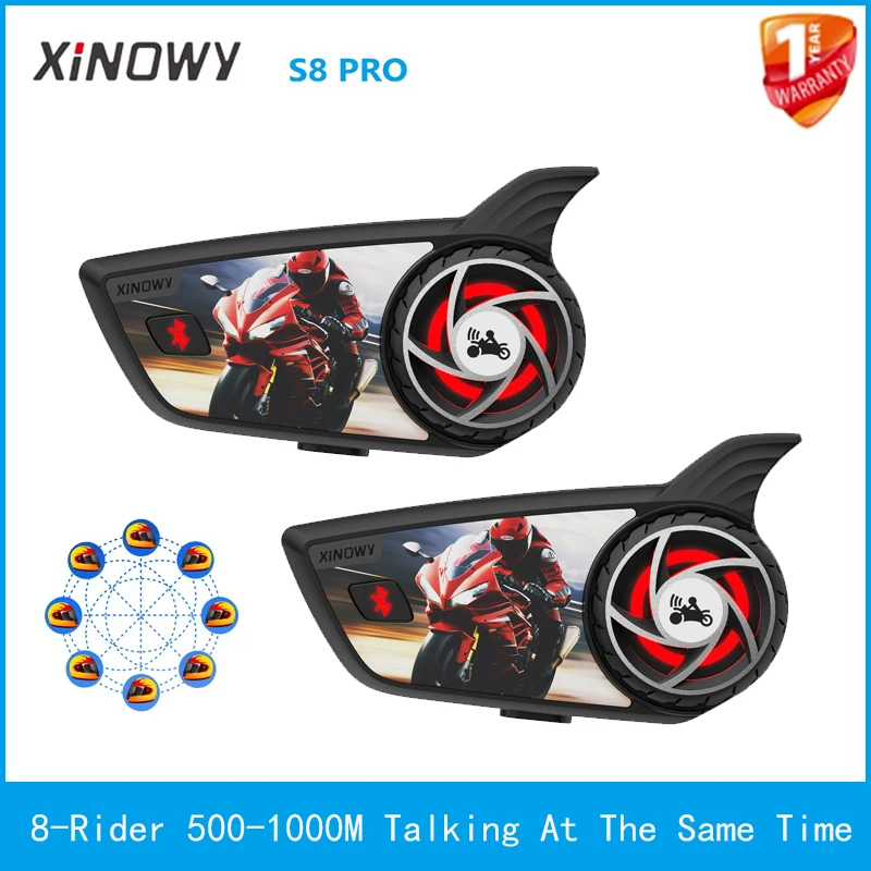 1/2pcs XINOWY S8 Pro Motorcycle Intercom Helmet Bluetooth Headset 6-8 Riders 1000M Talking Network Interphone IP65 Waterproof