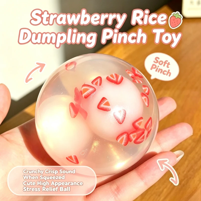 Strawberry Tangyuan Crispy Squish Ball Squeeze Toy Maltose Filled, Slow Rebound Stress & Anxiety Relief Sensory Creative Toy