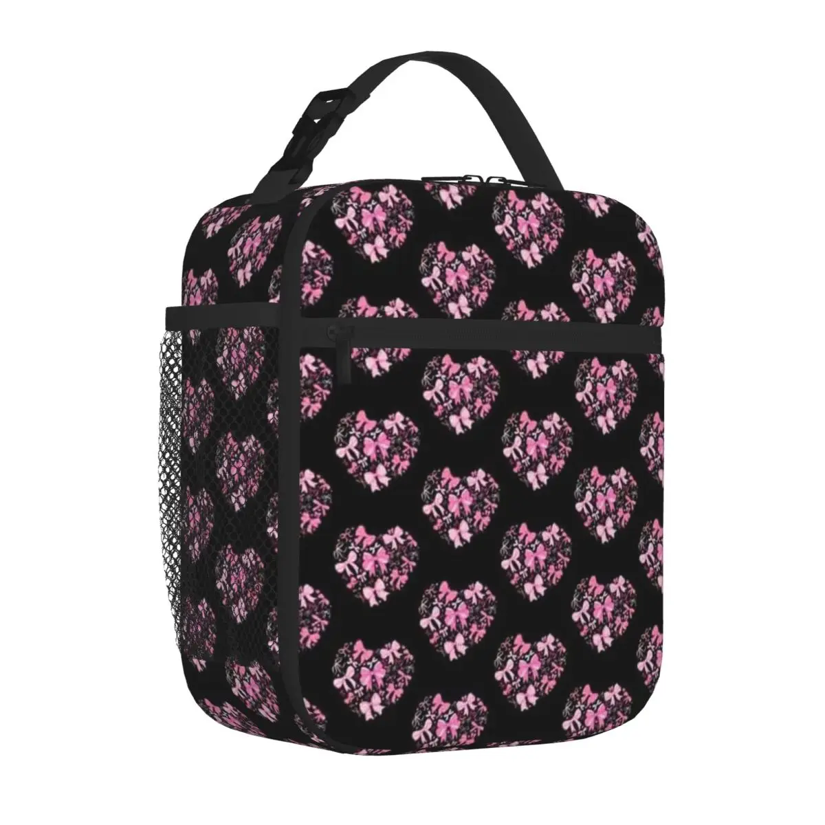 Bestselling Valentine Coquette Pink Bow Heart Women Girls Retro School Lunch Bag Cruise Travel Portable Lunch Bag