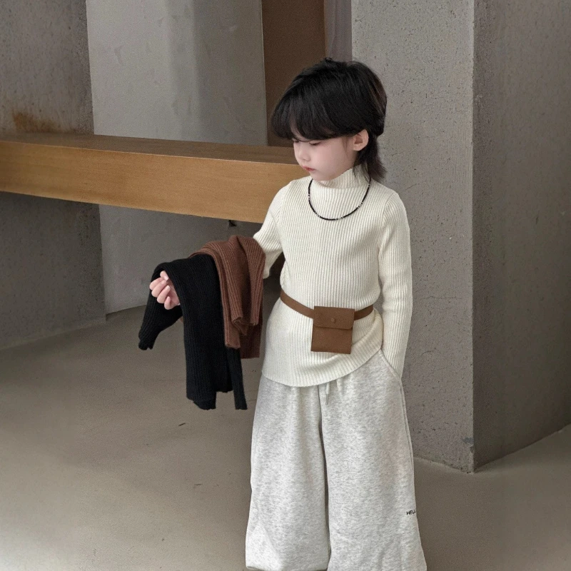 

2025 Winter New A-class Children's Solid Color Fine Pit Stripe Half High Neck Warm Soft Sticky Bottom Shirt