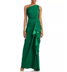 Customized Elegant Long Green Evening Dresses With Ruffles Sheath One Shoulder Floor Length Wedding Guest Dress for Women