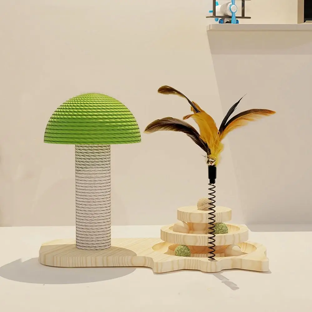 

Funny Cat Scratching Post Sisal Ball Durable Wear-resistant Solid Wood Turntable Toy with Feathers Pet Climb Toy Cat Supplies