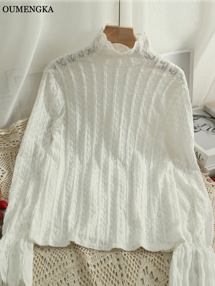 

OUMENGKA Fashion Soft Autumn White Lace Shirt Crocheted Top Turtleneck Collar Blouse Woman Casual Long Flare Sleeve Blusas