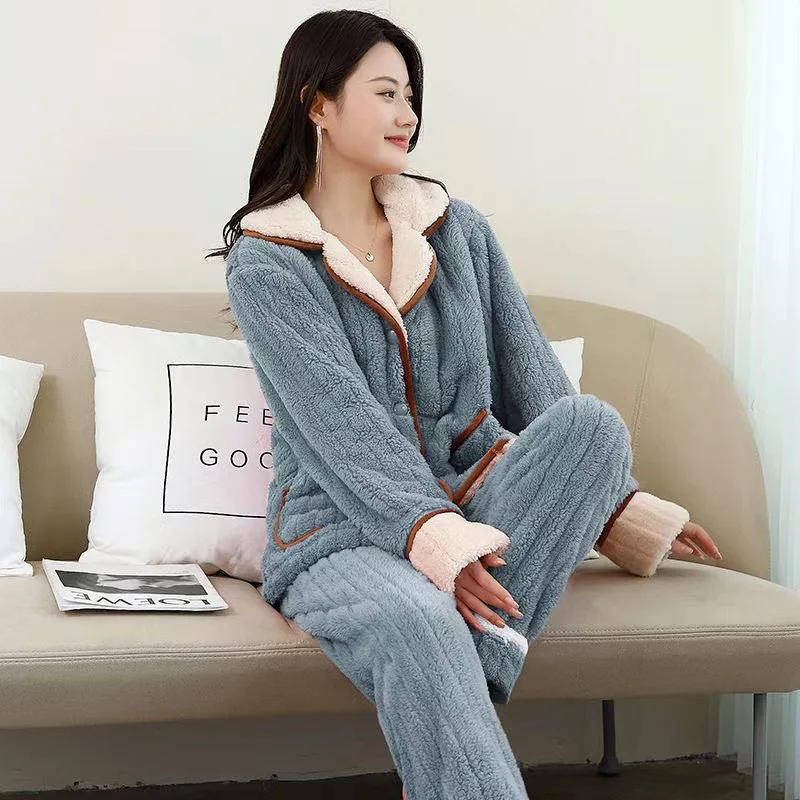 Pyjamas Winter Coral Velvet Thickened and Fleece Long Sleeve Trousers Flannel Two-piece Set Cosy Thermal Pajamas Both Men Women