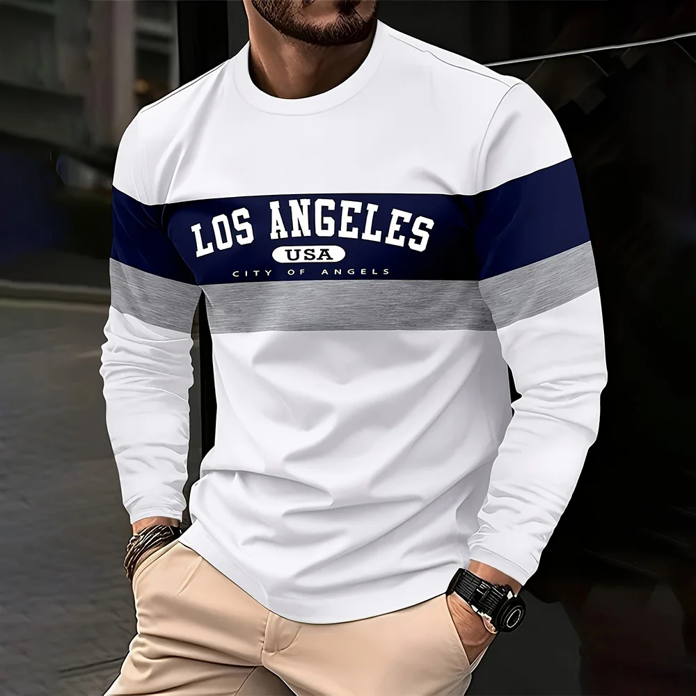 

High Quality Striped Printed T-shirt Autumn Los Angeles Letter Print Crew Neck Long Sleeve T Shirt Trendy Men's Tops Clothing