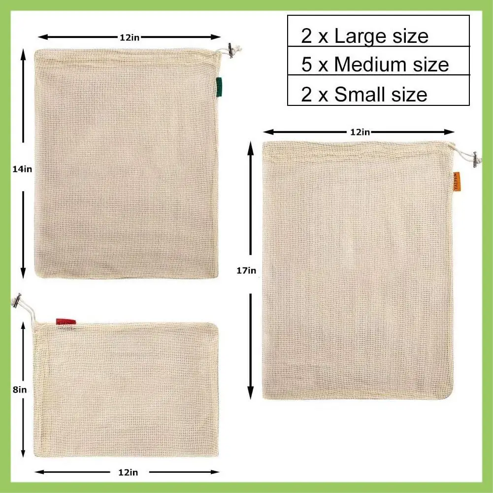 

9 PCS Set Of Reusable Mesh Produce Bags For Grocery, Vegetable & Fresh Produce Storage Cotton Bags