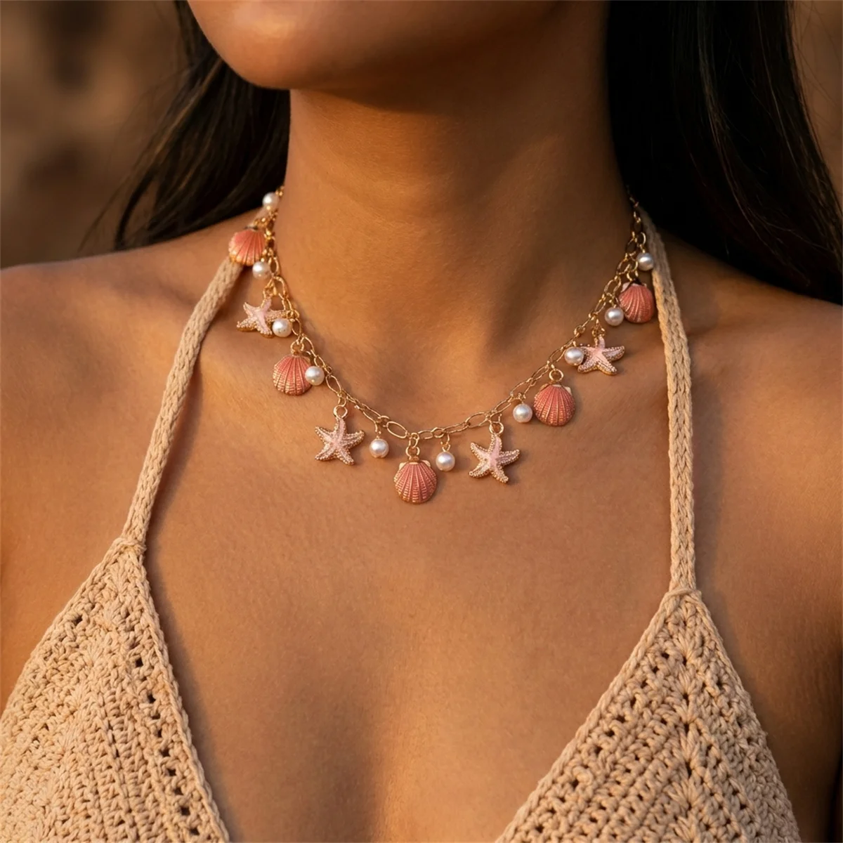 Y2K Einzigartige Meeres-Themen-Halskette für Frauen Boho Rosa Emaille Seestern Jakobsmuschel Anhänger Choker Halskette Ästhetischer Sommerschmuck – Detail 3
