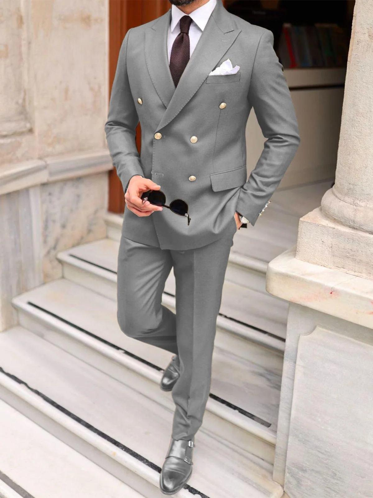 

Grey Business Peaked Lapel Suits for Men Slim Fit Double Breasted Tuxedo Boys Suit Trajes De Hombre Terno Masculino Men Suits