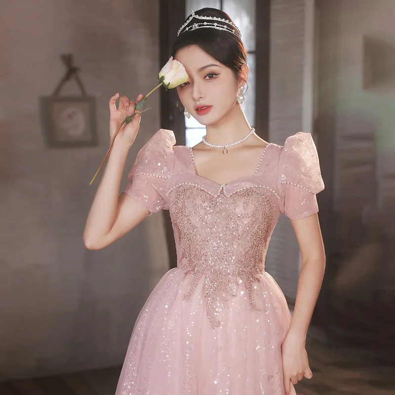 

French Pink Women Evening Dress Elegant Square Collar Sequin Beading Prom Party Gown Puff Sleeve Floor-Length Dresses