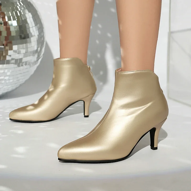 

Shimmery Gold Silver Pointed Toe Ankle Chelsea Boots Back Zip Mature Ladies Office Career Rome Spike High Heels Botines Shoes