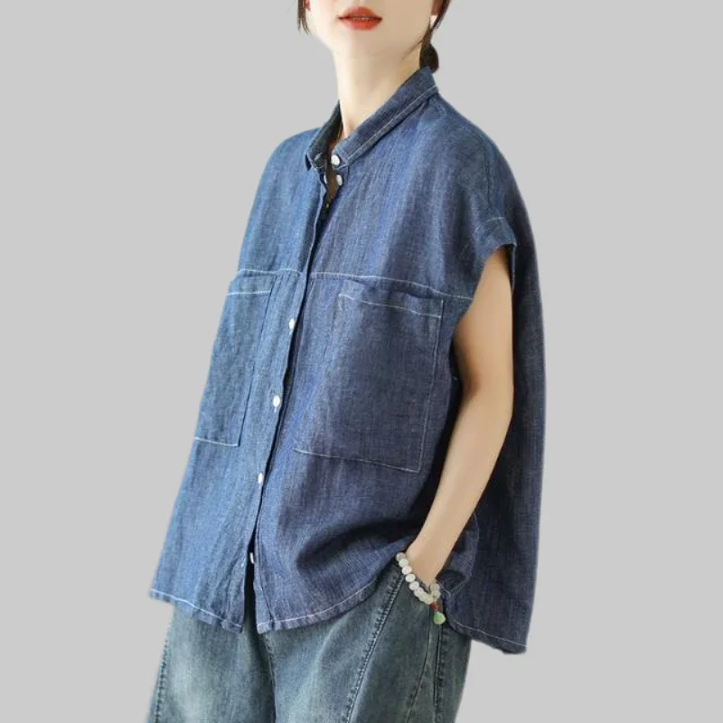 

Женская винтажная джинсовая рубашка без рукавов с воротником-стойкой, повседневная свободная блузка на пуговицах