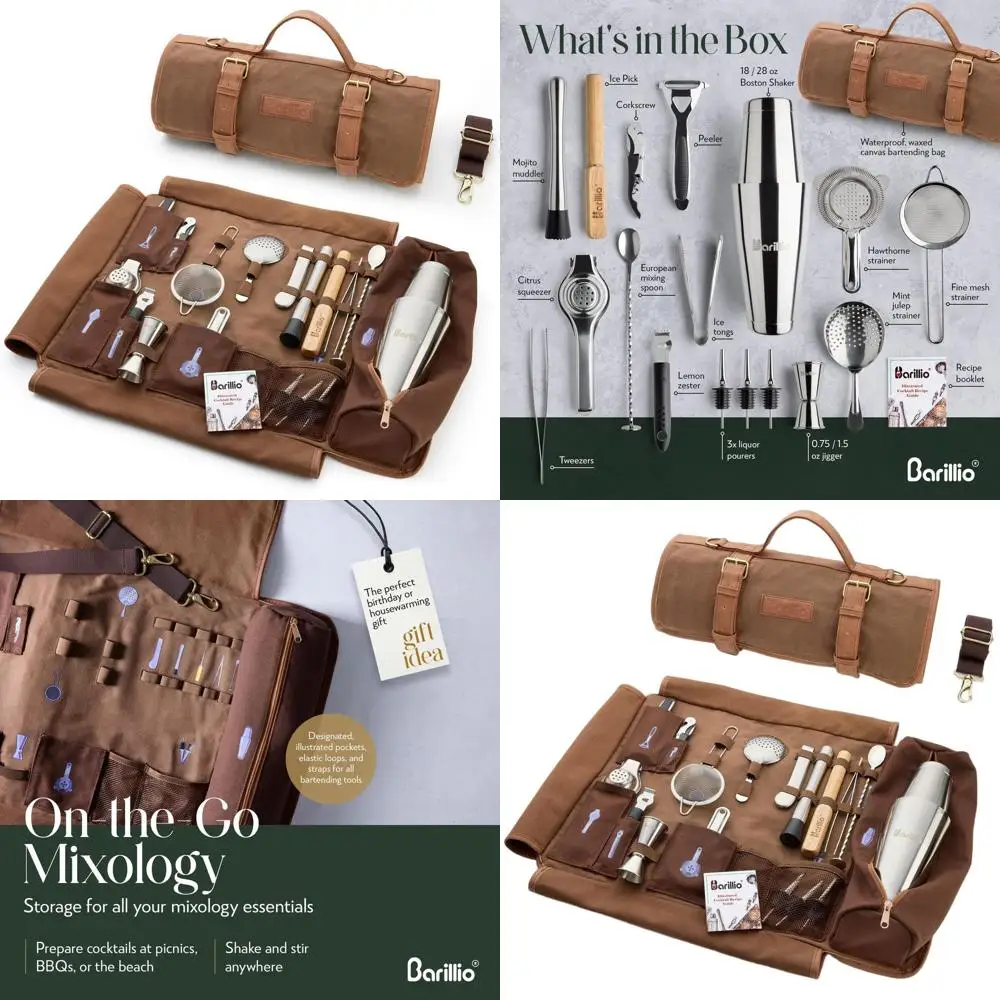 

Portable Cocktail Kit in Waxed Canvas Bag: 17-Piece Travel Bartending Set with Shaker & Accessories