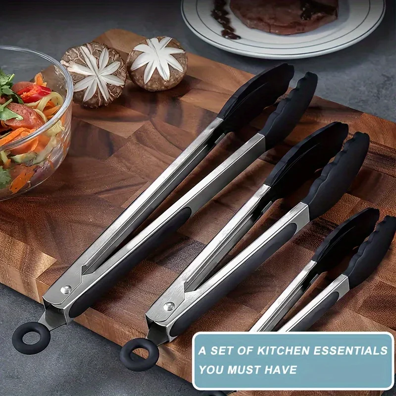 3 Size Available Heavy Duty Stainless Steel Kitchen Tongs with Silicone Tips High Heat Resistant Locking Design Secure Grip