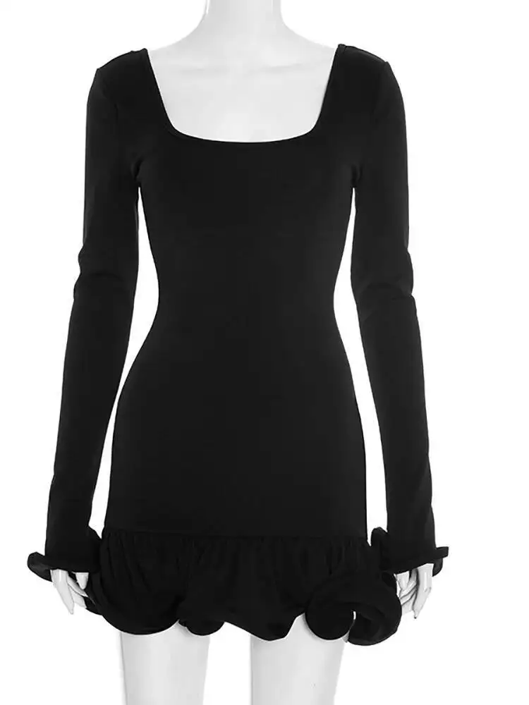 JULISSA MO Sexy Square Collar Ruffle Mini Dress Women Red Backless Long Sleeve Dress Autumn Skinny Elegant Party Club Dress 2025