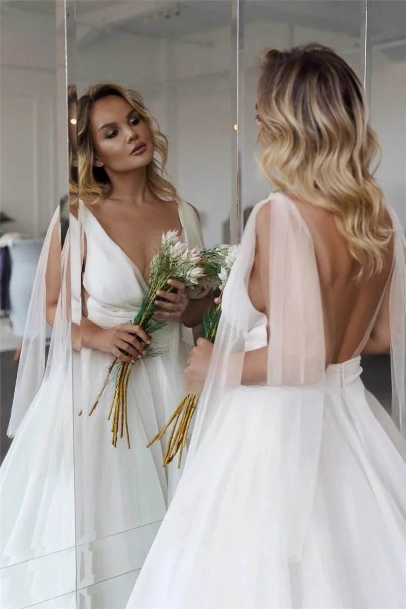 Customized Classic Deep V-neck Organza and Tulle Plus Size A-line Wedding Dress Sexy Backless Court Floor Length Bridal Gowns