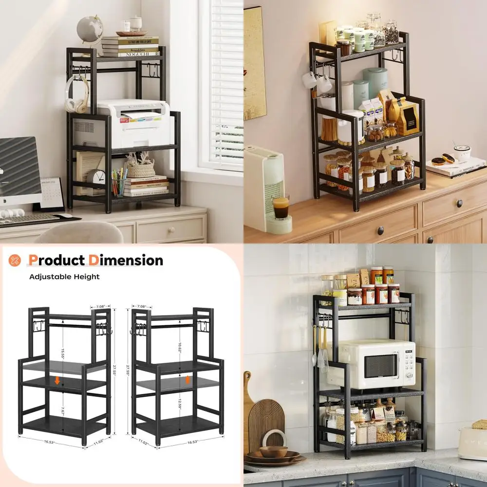 

3-Tier Wooden Spice Rack Organizer with Adjustable Shelf and Hooks, Space-Saving Kitchen Countertop Stand, Black