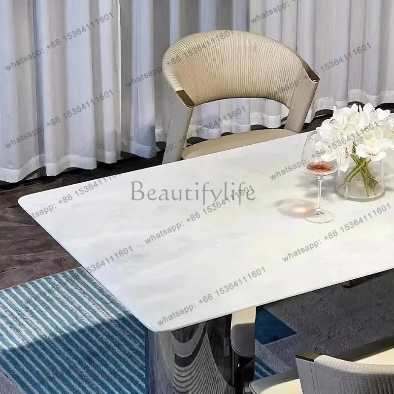 

Natural white crystal marble dining table light luxury high-end simple household rectangular luxury stone dining table