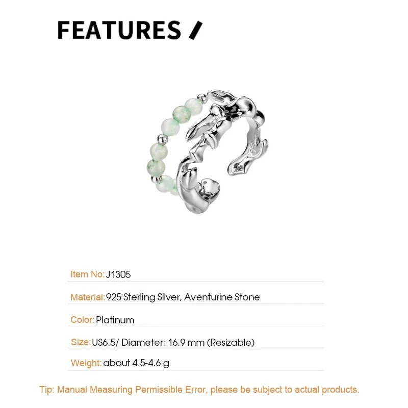 F.I.N.S Original Irregular S925 Sterling Silver Open Rings Aventurine Jade Stone Beads Layered Adjustable Finger Fine Jewelry