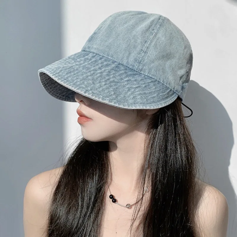 

Spring Autumn Denim Cloth Hats For Women Breathable Bomber Hats Sunshade Korean Casual Foldable Bucket Hat With Adjustable Rope