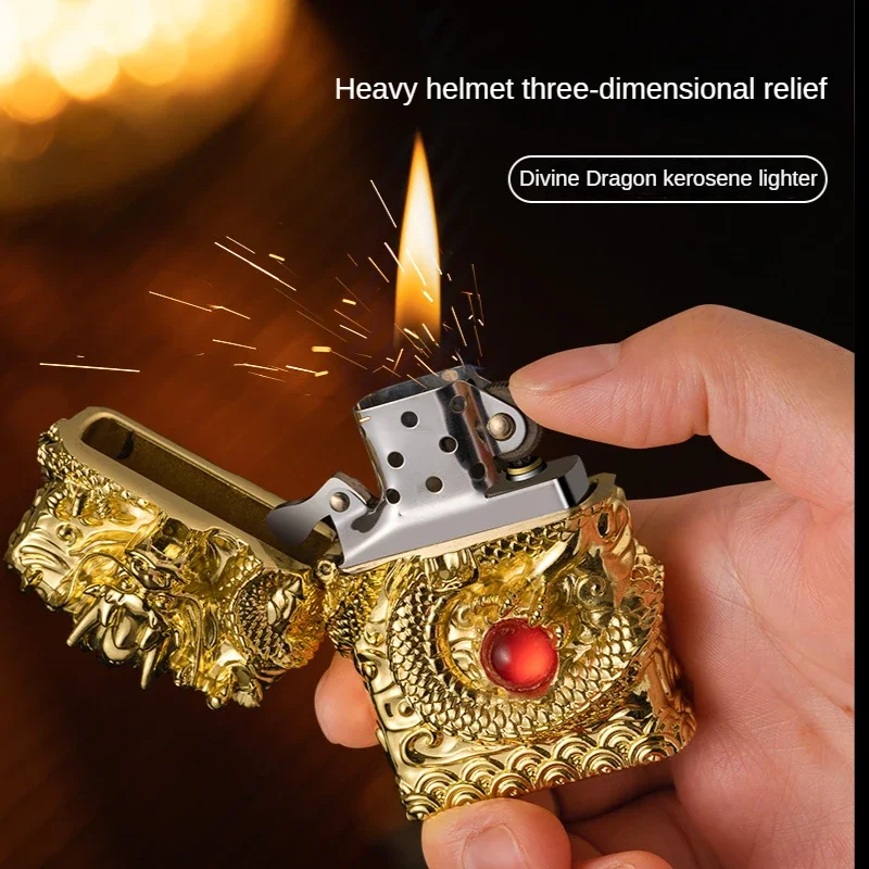 Dragon brand kerosiene lighter with ignition wheel smoking accessories three-dimensional relief retro torch men's gift lighter