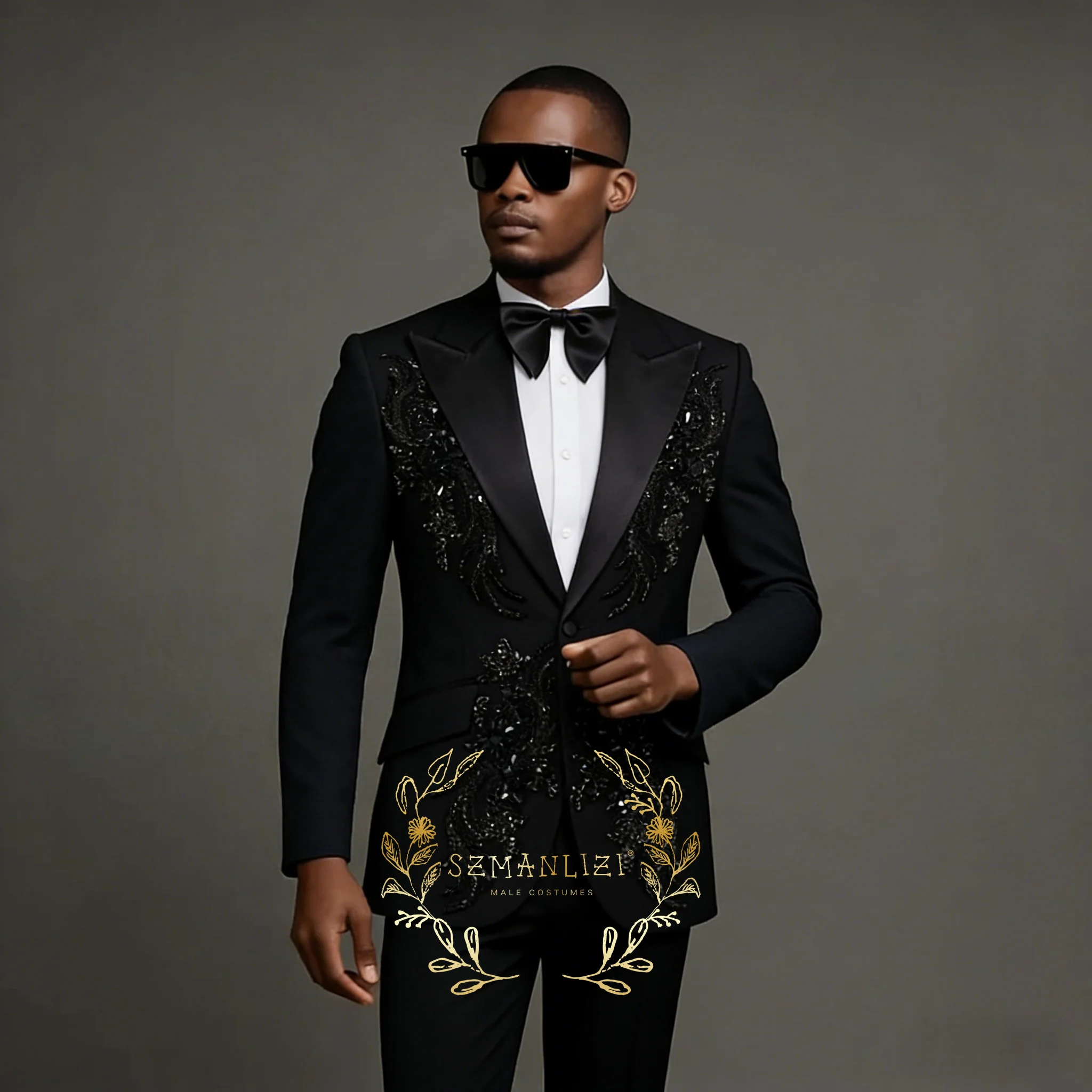 Luxury Gold Beading Crystals Black Men Suits Groom Wear Terno Masculino 2 Pieces Set Slim Fit Tuxedos For Wedding Party Blazer