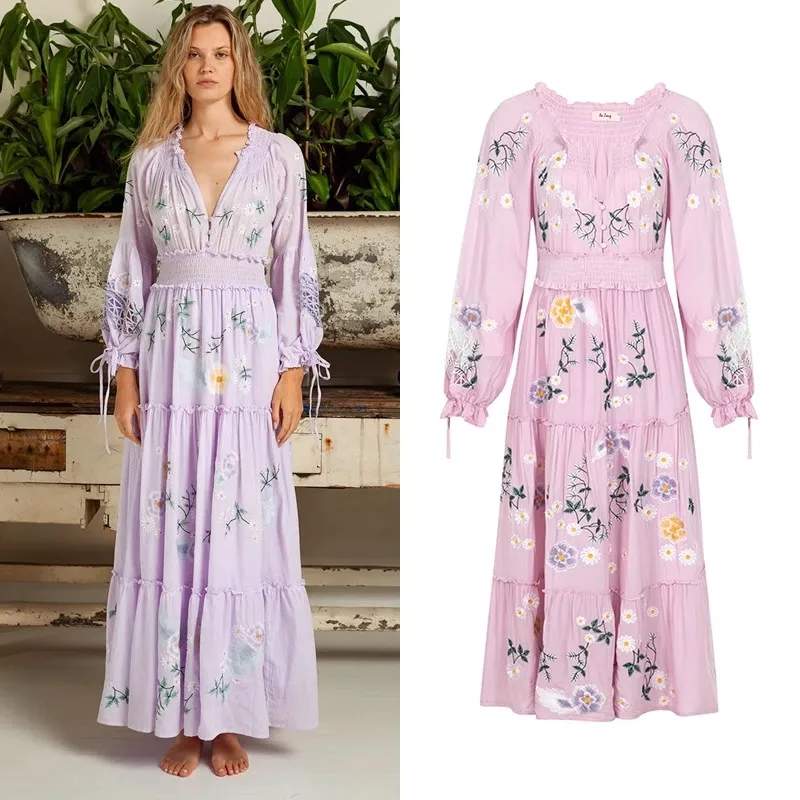 Luxo Floral Bordado Vestido Longo Mulheres Primavera Cintura Elástica Uma Linha Impresso Vestidos Bohemian Retro V Neck Lanterna Manga Robe