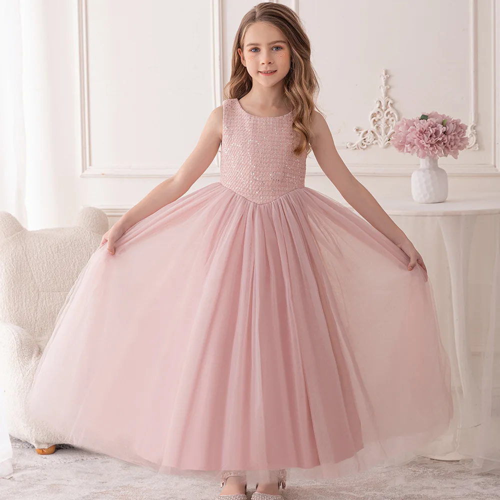 Baby Kids Princess Sequined Tulle Flower Girl Dress Children First Communion Dress Ball Gown Wedding Party Dress Birthday